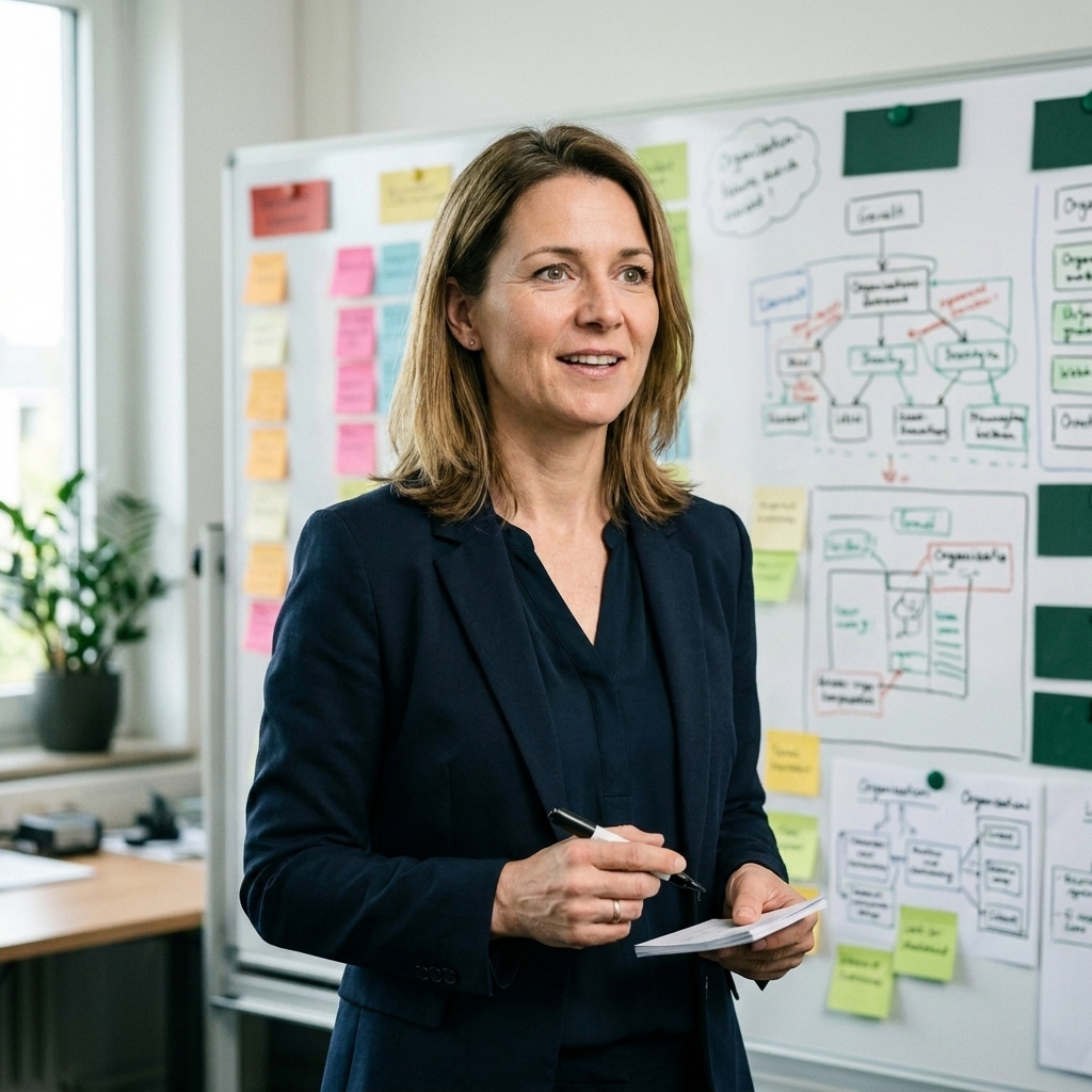 Illustratives Porträt: Organisationsentwicklerin vor Whiteboard (KI-generiert)