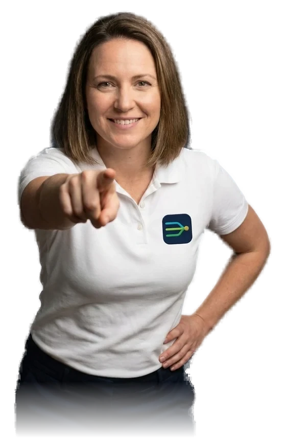 KI-generiertes Foto: firmenwissen.ai-Beraterin im weißen Polo mit Logo zeigt mit dem Finger auf die Betrachtenden